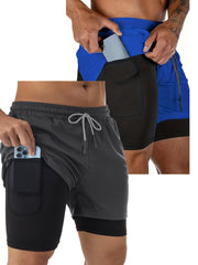 2pcs 2 in 1 Men's Stretch Sports Shorts with Inner Pocket for Gym Workout
