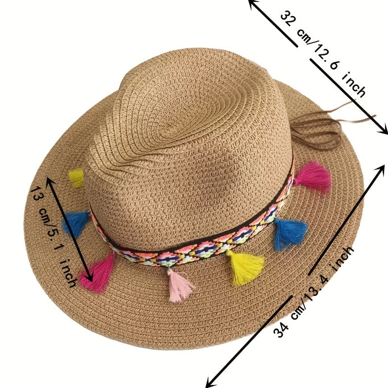 Boho Tassel Decor Sun Hat Khaki Wide Brim Beach Straw Hat