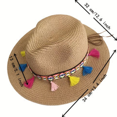 Boho Tassel Decor Sun Hat Khaki Wide Brim Beach Straw Hat