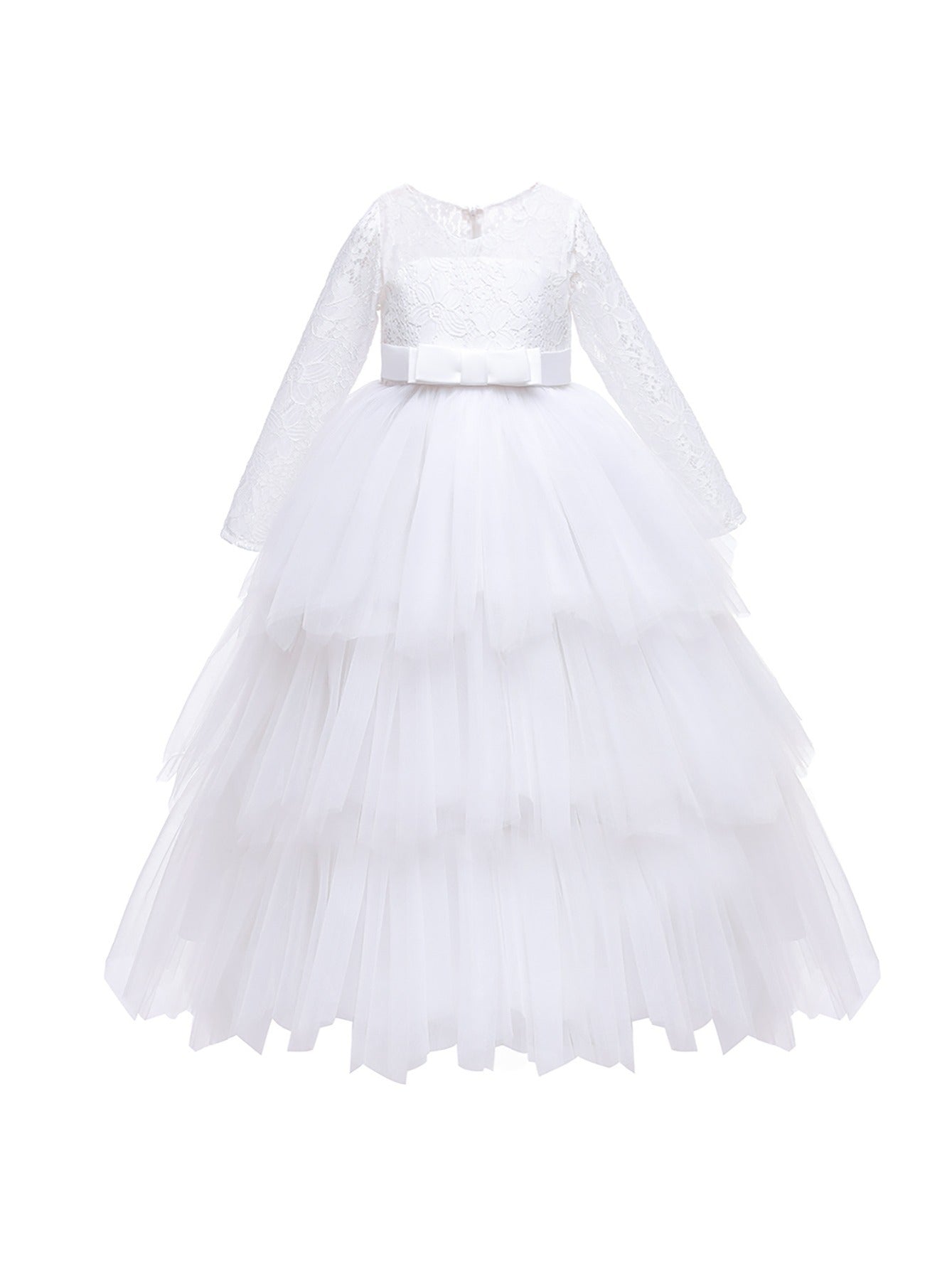 Mesh Puffy Princess Dress Girls Lace Long Sleeve Wedding Dress