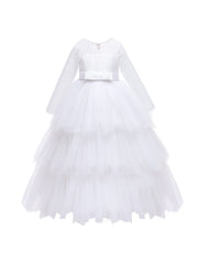 Mesh Puffy Princess Dress Girls Lace Long Sleeve Wedding Dress