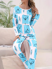 Heart Print Pajama Set Long Sleeve Crew Neck Top & Elastic Waistband Pants