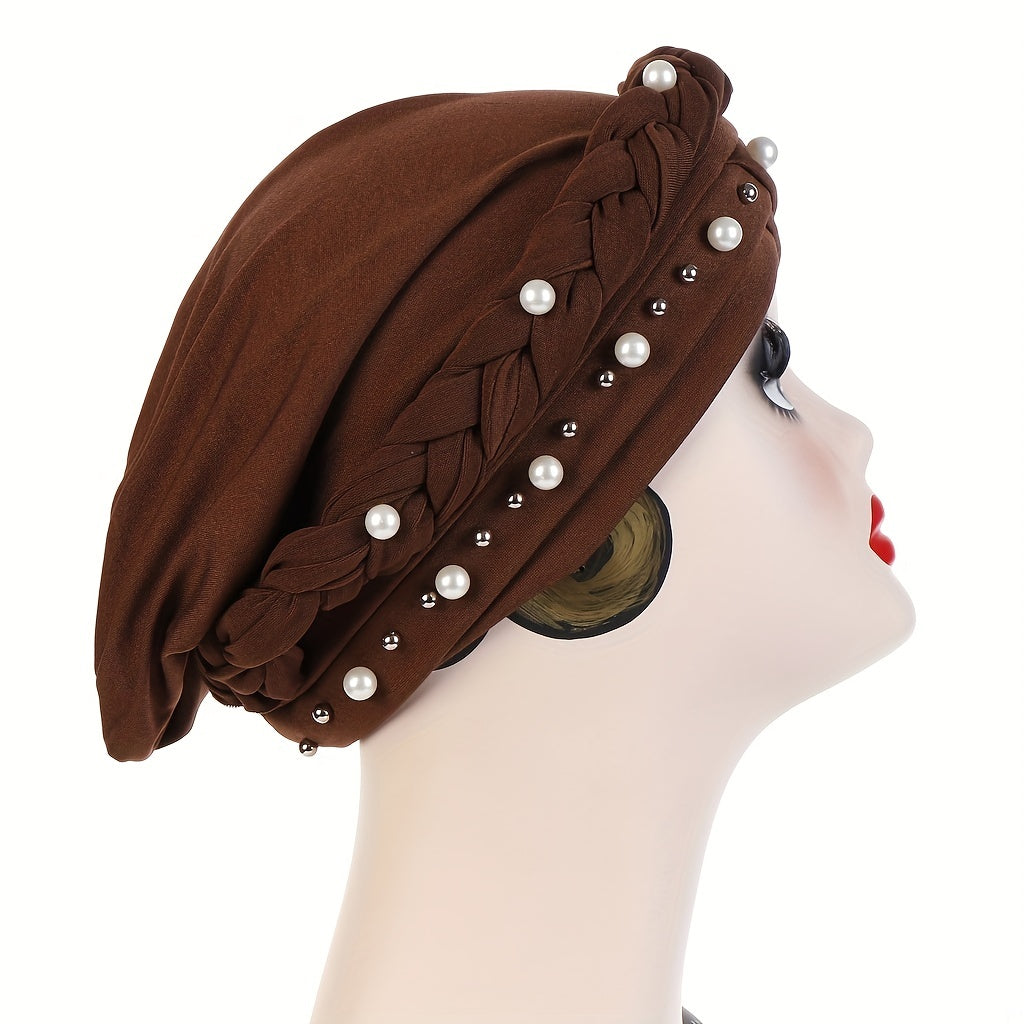 Faux Pearl Beads Turban Hijab Cap Twist Braid Head Scarf Solid Ramadan Head Wrap