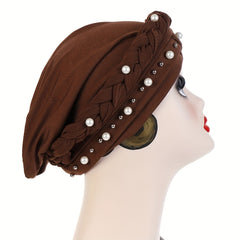 Faux Pearl Beads Turban Hijab Cap Twist Braid Head Scarf Solid Ramadan Head Wrap