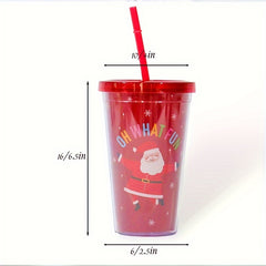 Red Double Layer Plastic Cup With Straw - 710ml Capacity