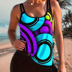 Retro Tankini Set Women's Plus Geo Print Round Neck Cami Top & Shorts