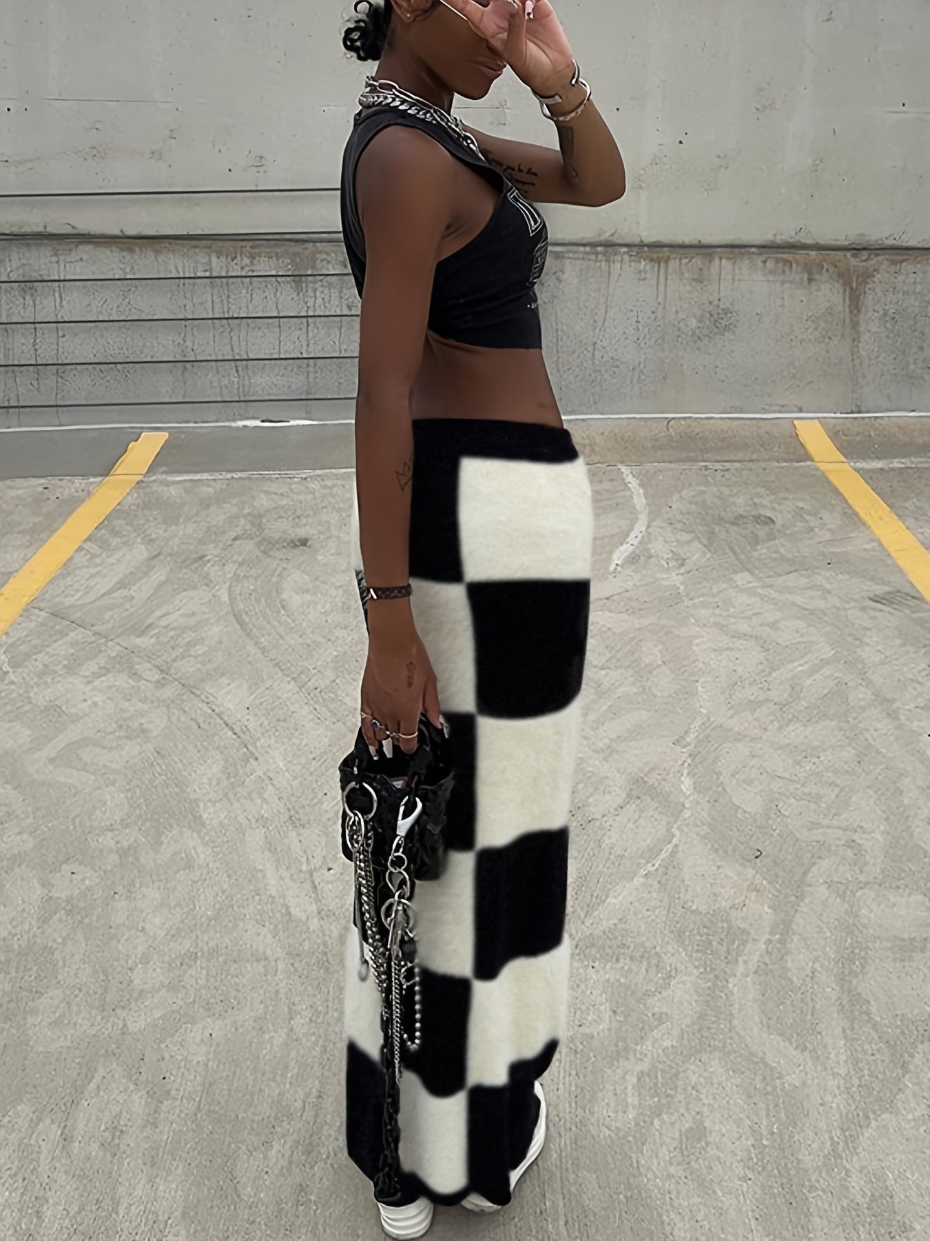 Women's Checkered Skinny Skirts High Waist Casual Skirts