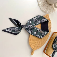 Dark Green Vintage Skinny Scarf Flower Print Long Ribbon Neckerchief