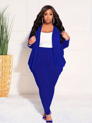 Plus Size Solid Side Ruched Long Sleeve Cardigan & Pant Set
