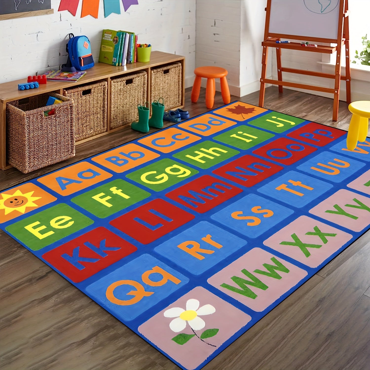 Alphabet Classroom Seating Rug Colorful Abc's Multicolor Border Area Rug