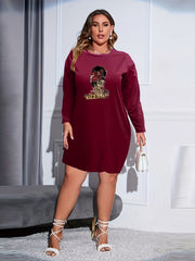 Women's Plus Cartoon Girl & Letter Print Tee Dress