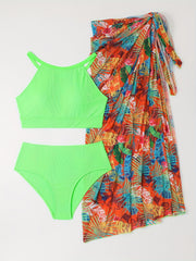 Ribbed Halter Bra Bikini Set with Cover Up Skirt