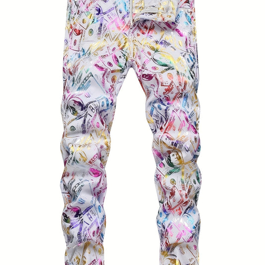 Boys Colorful Pattern Jeans Skinny Slim Fit Washed Denim Long Pants Kids