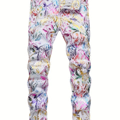 Boys Colorful Pattern Jeans Skinny Slim Fit Washed Denim Long Pants Kids