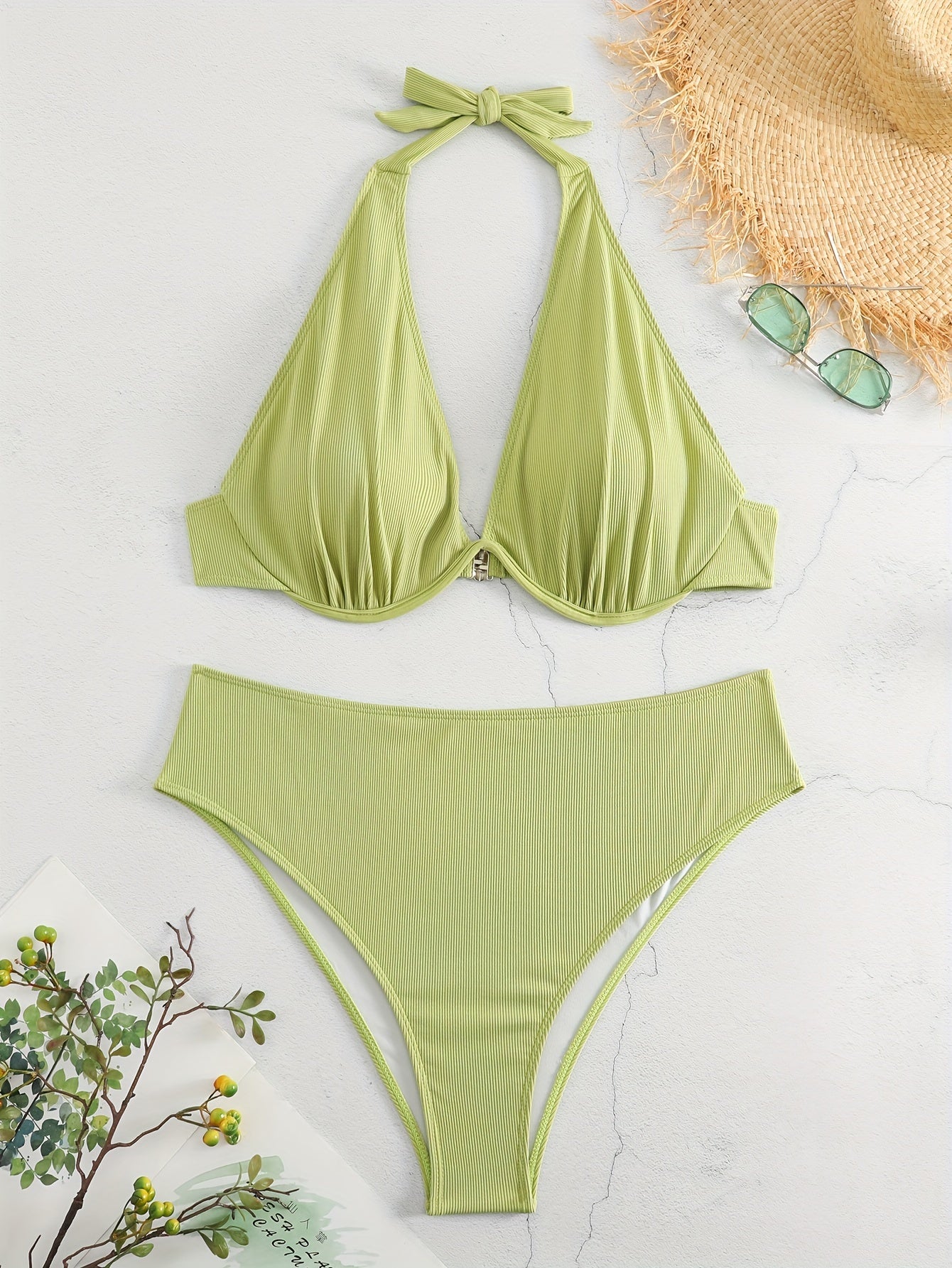 Basic Bikini Set Women's Plus Plain Halter Neck Medium Stretch