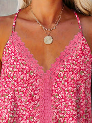 Floral Print Lace Spaghetti Strap Top V Neck Cami