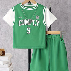 Boys Numbers & Letter Graphic Block T Shirt Top & Shorts Set