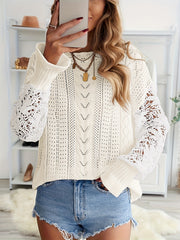 Lace Eyelet Knit Sweater Crew Neck Long Sleeve Women's Clothing