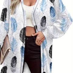 Feather Print Long Sleeve Open Front Cardigan