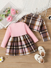 Toddler Baby Girls Patchwork Plaid Dress Coat 2pcs Set
