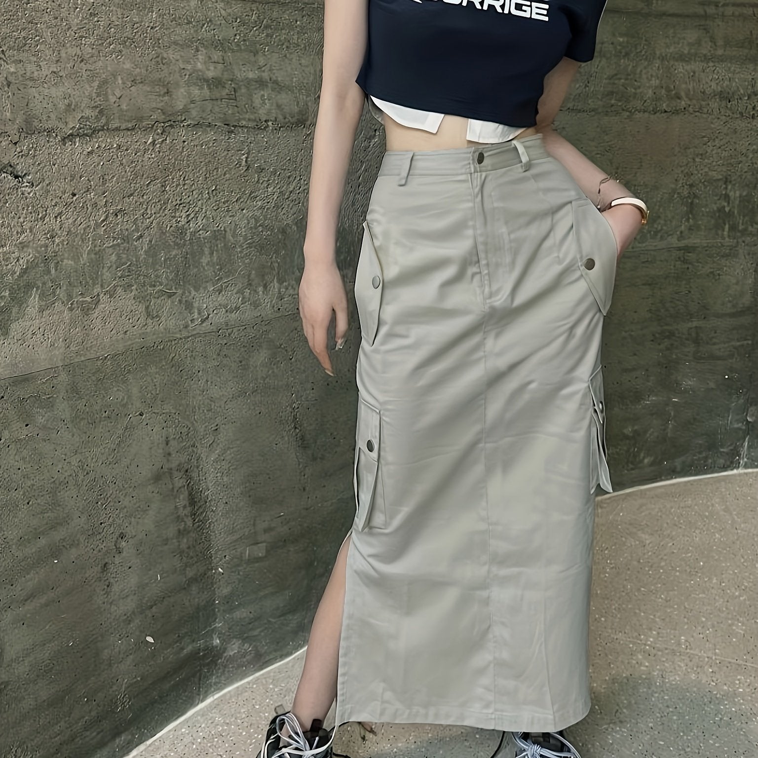 Solid Bodycon Cargo Skirt For Spring & Summer