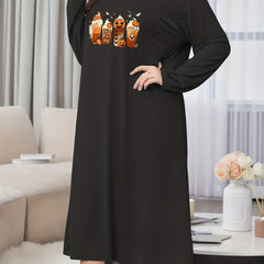 Halloween Pumpkin Milkshake Print Long Sleeve Lounge Dress