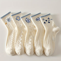 5 Pairs Cartoon Print Socks Comfy & Mid Tube Women's Stockings
