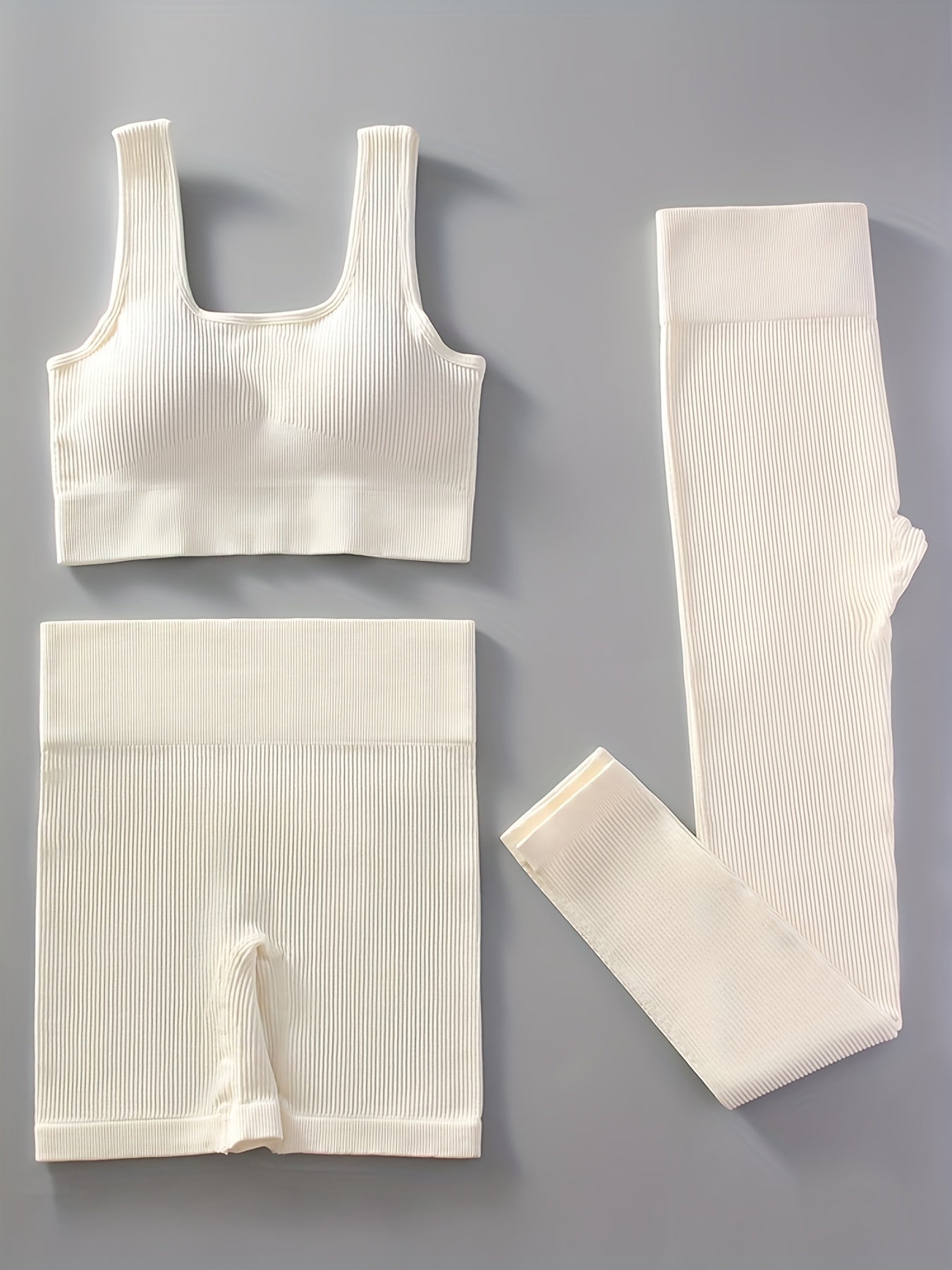 3pcs Ribbed Yoga Workout Suits Sports Bra & Leggings Sets Women's Activewear