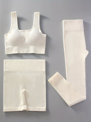 3pcs Ribbed Yoga Workout Suits Sports Bra & Leggings Sets Women's Activewear