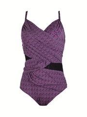Geometric Print V Neck Tummy Control One Piece Swimsuit