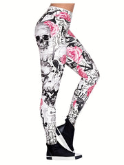 Skull and Flower Printed Leggings for Women