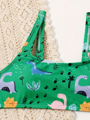 2pcs Dino Pattern Swimsuit For Girls Summer Hawaii Vacation