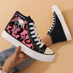 Skull & Butterfly Print Canvas Sneakers Lace Up Skate Shoes