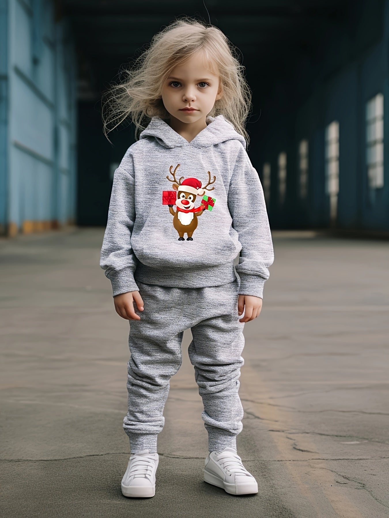 OERYUI Reindeer Scarf Print Outfits 2pcs Girls Hoodies Jogger Pants Set