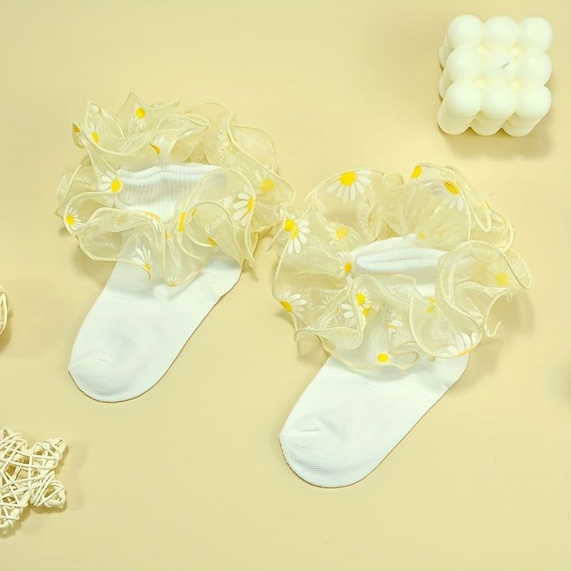 2 Pairs Girls Kids Sun Flower Lace Ruffled Soft Elastic Socks