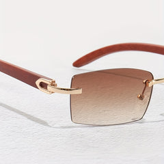 Men's Rimless Brown Tint Rectangular Vintage Wood Grain Sunglasses