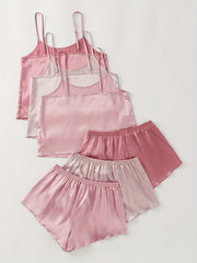 Satin Pajama Set Crew Neck Cami Top & Shorts