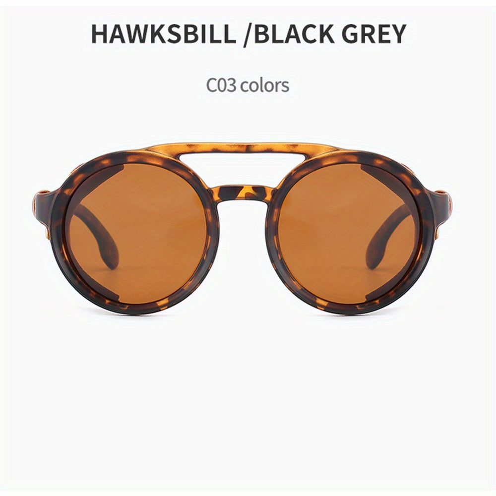Vintage Steam Punk Style Round Polarized Sunglasses with Leather Side Shield