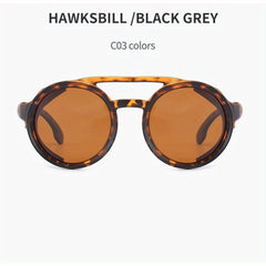 Vintage Steam Punk Style Round Polarized Sunglasses with Leather Side Shield