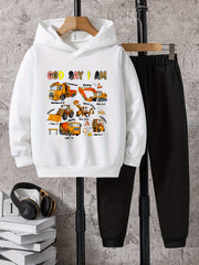 2pcs Truck Print Boys Hoodie & Solid Sweatpants Set
