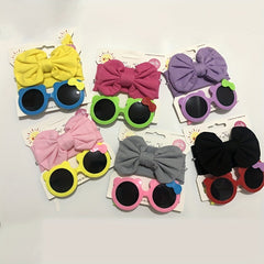 2pcs Solid Bowknot Hairband & Little Ear Sunglasses Set for Kids