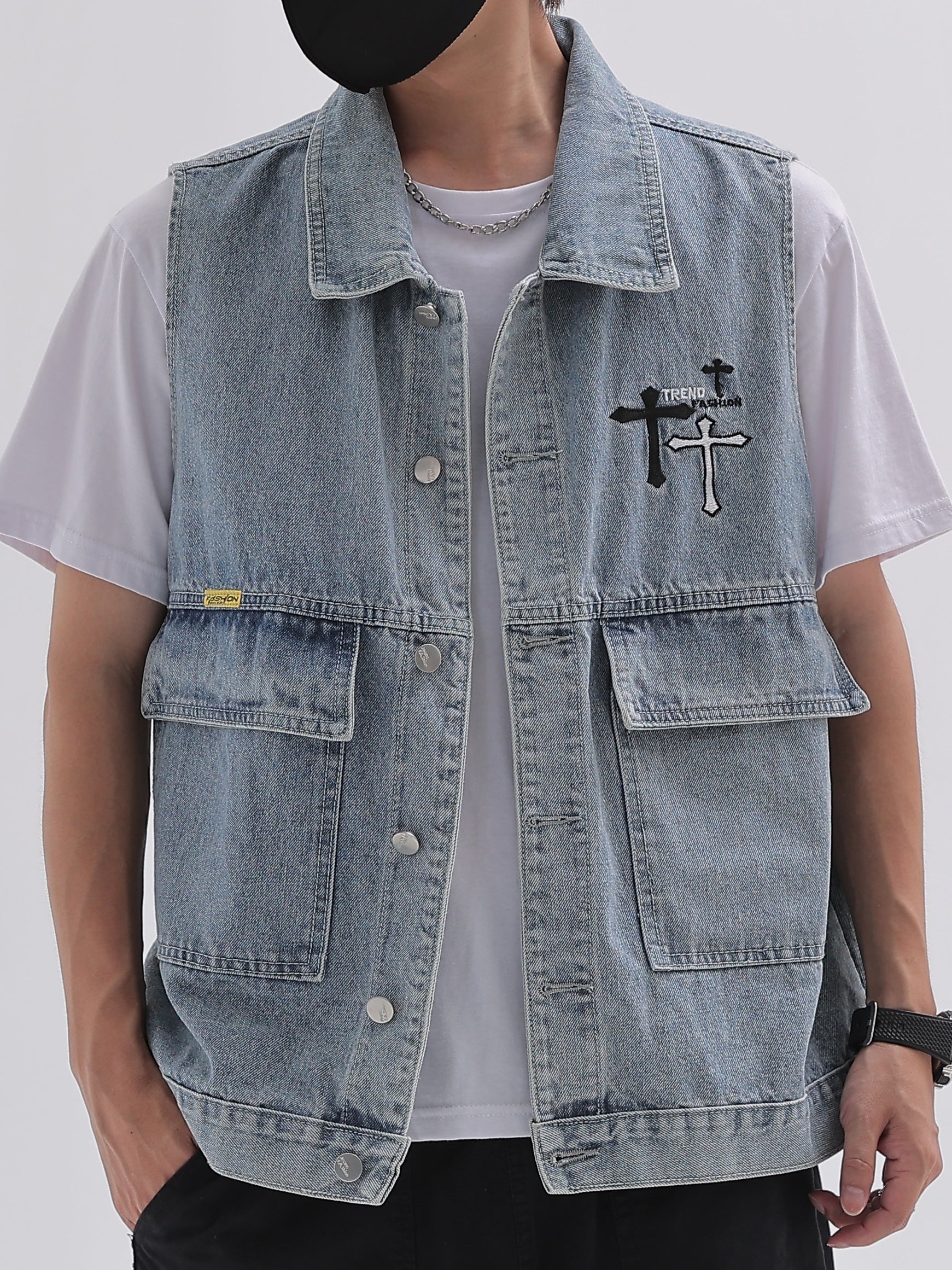 Men's Classic Crucifix Pattern Denim Vest Street Style Waistcoat Spring Summer