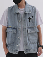 Men's Classic Crucifix Pattern Denim Vest Street Style Waistcoat Spring Summer