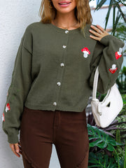Mushroom Embroidery Knit Cardigan Button Front Long Sleeve Sweater