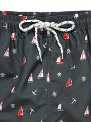 Sailboat Print Mesh Lining Drawstring Men s Swim Trunks