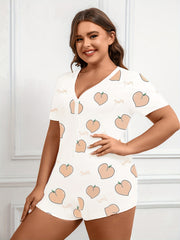 Pajama Romper Women's Plus Peach & Letter Print