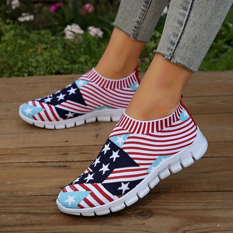 Women's American Flag Sock Shoes Breathable Knit Slip On Casual Walking Shoes