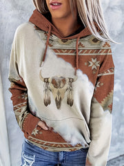 Vintage Cow Head Print Hoodie Kangaroo Pocket Sweatshirt Women