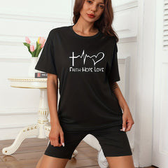 Letter Print T-shirt & Skinny Shorts Set Women's Clothing