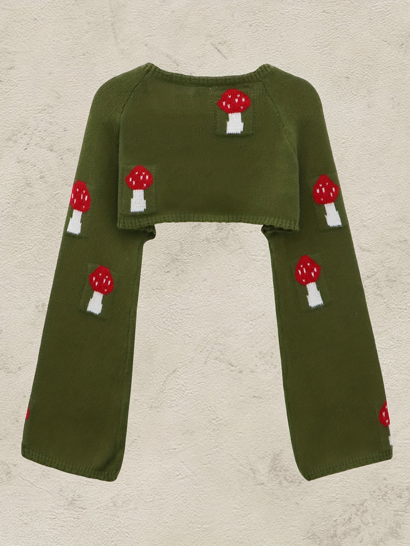 Y2K Mushroom Print Bell Sleeve Crop Sweater